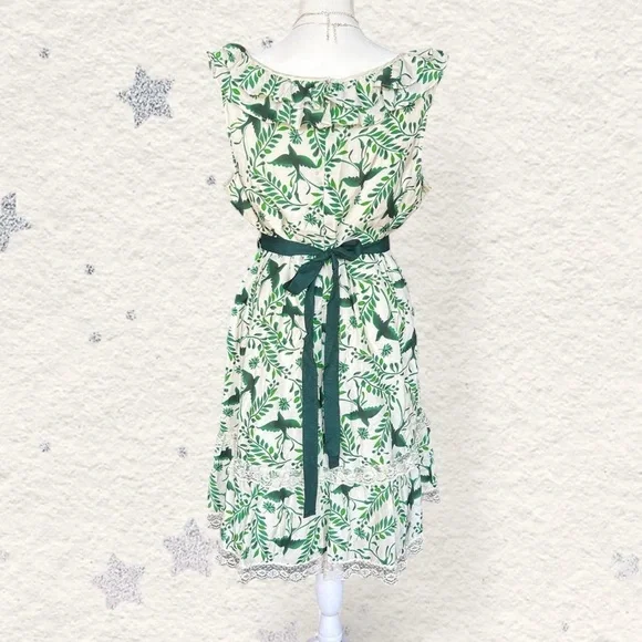 Forever 21 Cream & Green Knee Length Sleeveless Ruffle Dress L - Picture 3 of 7